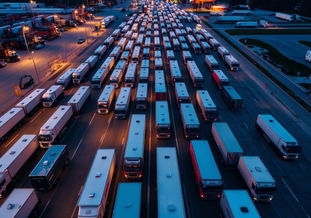 Aerial view of a logistics yard full of semi-trucks