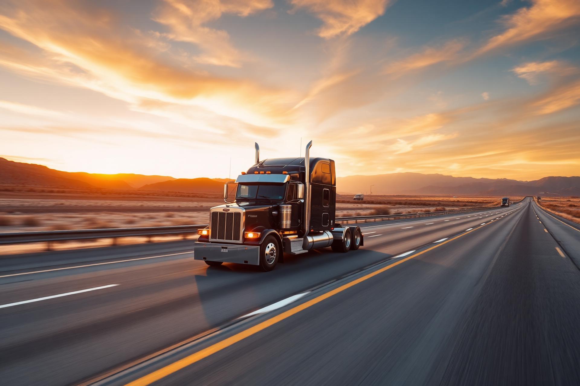 Semi-truck driving down an open highway at sunrise